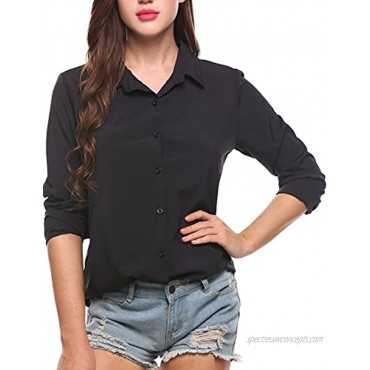 Zeagoo Womens Button Down Shirts Long Sleeve Collared Blouses Business Casual Dress Shirt V Neck Roll Up Sleeve Tops