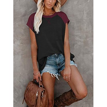Adreamly Womens Cap Sleeve Crew Neck T Shirts Color Block Workout Tunic Tops Basic Tee with Pocket