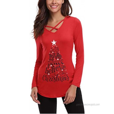 iClosam Womens Sexy Cross Front V-Neck Long Sleeve Christmas Letter Print T-Shirt Tunic Tops