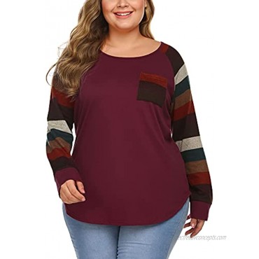 IN'VOLAND Women’s Plus Size Tee Shirt Striped Long Sleeve Tunic Top Raglan Scoop Neck Cotton Blouse