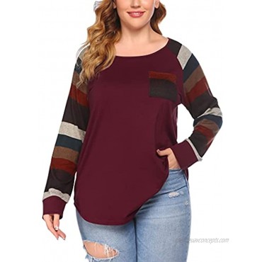 IN'VOLAND Women’s Plus Size Tee Shirt Striped Long Sleeve Tunic Top Raglan Scoop Neck Cotton Blouse