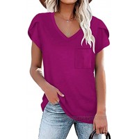Locryz Women's Petal Sleeve V-Neck Shirts Summer Casual Tee T-Shirt Tops with Pocket S-2XL