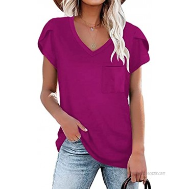 Locryz Women's Petal Sleeve V-Neck Shirts Summer Casual Tee T-Shirt Tops with Pocket S-2XL
