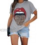 SENSERISE Womens Red Lips Leopard Tongue Printed T Shirt Causal Short Sleeve Tee Tops