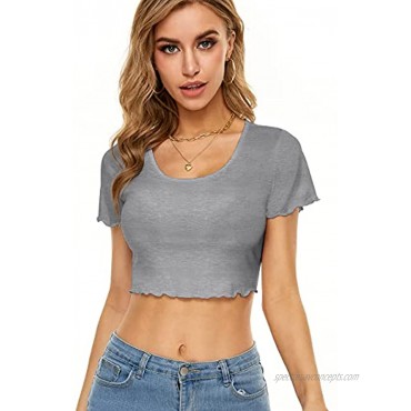 Womens Casual Lettuce Trim Workout Crop Tops Short Sleeve