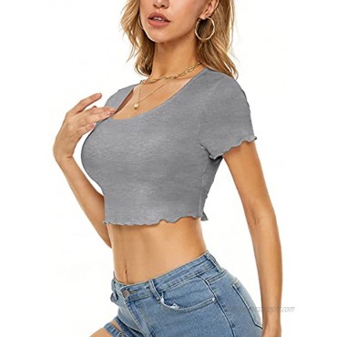 Womens Casual Lettuce Trim Workout Crop Tops Short Sleeve