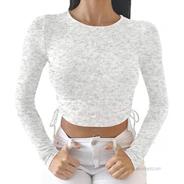 Women's Cute Crop Tops Long Sleeve Drawstring Ruched Bodycon T-Shirts Slim Cropped Top