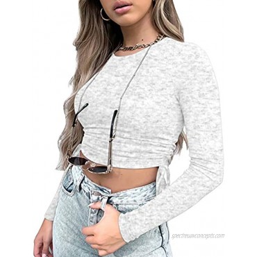 Women's Cute Crop Tops Long Sleeve Drawstring Ruched Bodycon T-Shirts Slim Cropped Top
