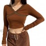Womens Long Sleeve Lace Shirts Color Block Patchwork Crop Tops Girls Summer Streetwear y2k Fashion Tees