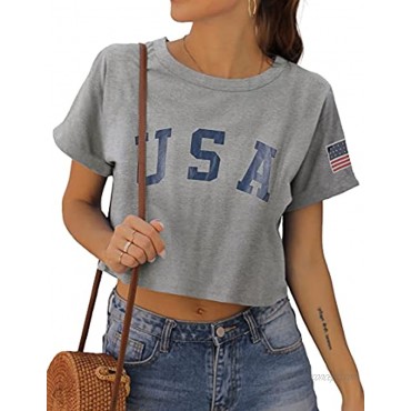 Womens Summer Crop Tops Round Neck Short Sleeve Letter Print Tshirt Casual Loose Fit Tees