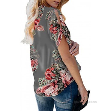 Womens Wrap Front Floral Tops Short Sleeve V Neck Chiffon Loose Summer Tee Shirt