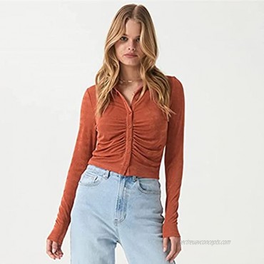 Women's Y2K Button Down Turn-Down V Neck Long Sleeve Ruched Slim Fit Crop Top Shirts Blouse