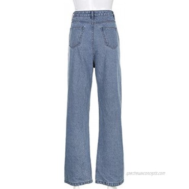 Honganda Fashion Women's High Waisted Pants Stretch Wide Leg Bootcut Jeans Streetwear Loose Casual Baggy Trousers