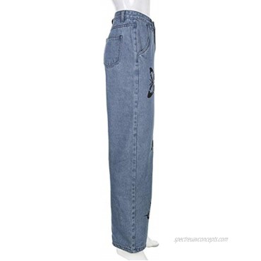 Honganda Fashion Women's High Waisted Pants Stretch Wide Leg Bootcut Jeans Streetwear Loose Casual Baggy Trousers