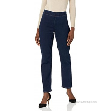 Kasper Women's Pull on Straight Leg Polsihed Denim Pant with Back Pocket Top Stitch Detail