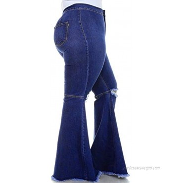 PYL Women’s Plus Size Blue Denim Ripped Jean Wide Leg Cotton Jeans Pants