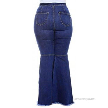 PYL Women’s Plus Size Blue Denim Ripped Jean Wide Leg Cotton Jeans Pants