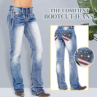 QJBMEI American Flag Mid Rise Bootcut Jeans for Women