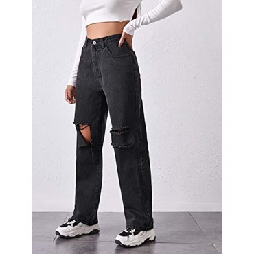 SheIn Women's Ripped Boyfriends Jeans High Waist Distressed Denim Long Pants with Pockets