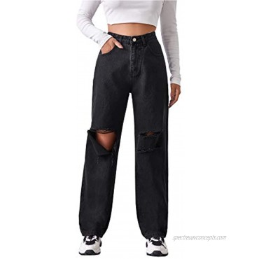 SheIn Women's Ripped Boyfriends Jeans High Waist Distressed Denim Long Pants with Pockets