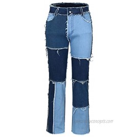 THUNDER STAR Womens Patchwork Straight Leg Jeans Mid Rise Stretch Frayed Denim Pants