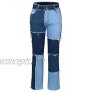 THUNDER STAR Womens Patchwork Straight Leg Jeans Mid Rise Stretch Frayed Denim Pants