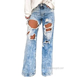 utcoco Women's Street Style Straight Fit Mid Waisted Distressed Ripped Holes Wide Legs Washed Denim Jeans Pants