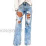utcoco Women's Street Style Straight Fit Mid Waisted Distressed Ripped Holes Wide Legs Washed Denim Jeans Pants