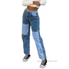 Women's Patchwork Pants Hight Waist Distressed Straight Denim Jeans Fashion A-line Vintage Pencil Trousers