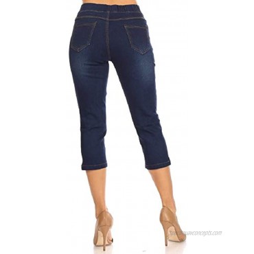 Women's Pull-On Stretch Slit Denim Capri & Ripped Cuff Jeggings with Pockets