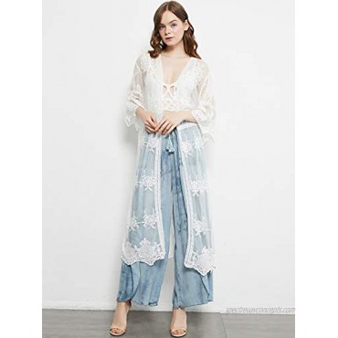 Anna-Kaci Womens Lace Flower Embroidered Loose Half Sleeves Long Kimono Cardigan