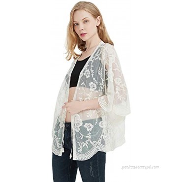 Anna-Kaci Womens Short Embroidered Lace Kimono Crop Cardigan with Half Sleeves