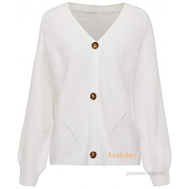 Asskdan Women's V Neckline Button Down Knitwear Lantern Sleeve Basic Knit Cardigan Sweater Tops