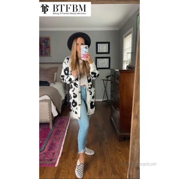 BTFBM Women Chic Leopard Print Cozy Sweater Pockets Button Down Open Front Loose Knitted Long Cardigan with Sleeves