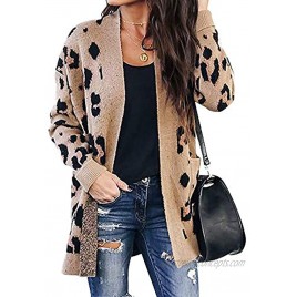 BTFBM Women Chic Leopard Print Cozy Sweater Pockets Button Down Open Front Loose Knitted Long Cardigan with Sleeves