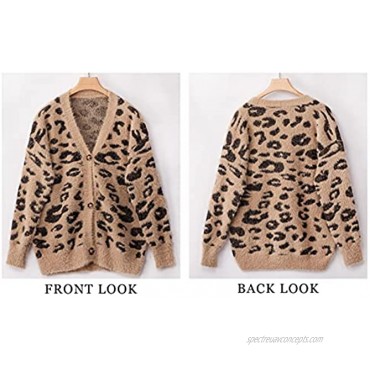 BTFBM Women Fashion Leopard Print Button Down Long Sleeve Soft Loose Knit Sweater Cardigan Coat Fall Winter Outwear