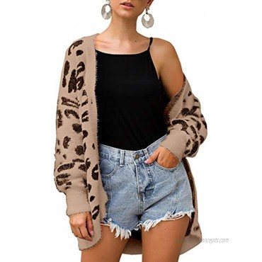 BTFBM Women Fashion Leopard Print Button Down Long Sleeve Soft Loose Knit Sweater Cardigan Coat Fall Winter Outwear