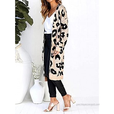BTFBM Women Long Sleeve Open Front Leopard Knit Long Cardigan Casual Print Knitted Maxi Sweater Coat Outwear with Pockets