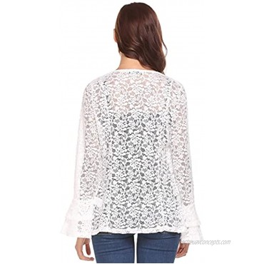 Dealwell Women's Bell Sleeve Open Front Cardigans Lace Crochet Loose Casual Cover Up