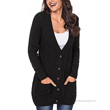luvamia Women‘s Long Sleeve Open Front Buttons Cable Knit Pocket Sweater Cardigan