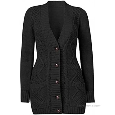 luvamia Women‘s Long Sleeve Open Front Buttons Cable Knit Pocket Sweater Cardigan