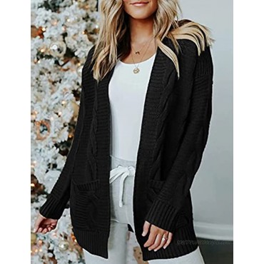 MEROKEETY Women's Long Sleeve Cable Knit Cardigan Sweaters Open Front Fall Outwear with Pockets