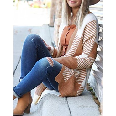 MEROKEETY Womens Plaid Long Sleeve Open Front Cardigan Pockets Knit Sweater Coat
