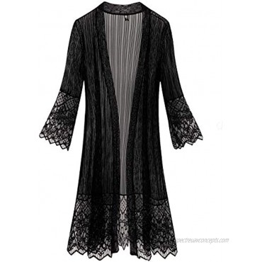 Tanming Flare Sleeves Open Front Lace Splicing Long Kimono Cardigan Cover Ups