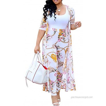 Women 2 Piece Outfits Floral Print Long Sleeve Open Front Cardigan Cover Up Bodycon High Waisted Long Pants Set