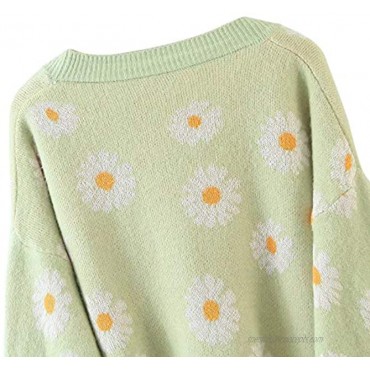 Womens Y2K Flower Pattern Long Sleeve Loose Knitwear Sweater V-Neck Button Down Knitted Cardigan