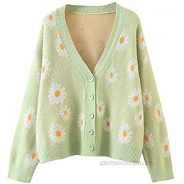 Womens Y2K Flower Pattern Long Sleeve Loose Knitwear Sweater V-Neck Button Down Knitted Cardigan