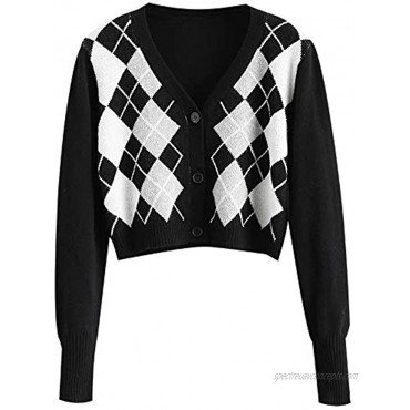 ZAFUL Women's Button Down Long Sleeve V-Neck Rib-Knit Cropped Cardigan Sweater