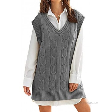 Aiopr Women's Knitted Sweater Vest V Neck Casual Loose Oversized Sleeveless Preppy Pullover Jumpers