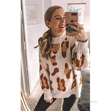 Angashion Women's Sweaters Casual Oversized Leopard Printed Crew Neck Long Sleeve Knitted Pullover Tops for Winter